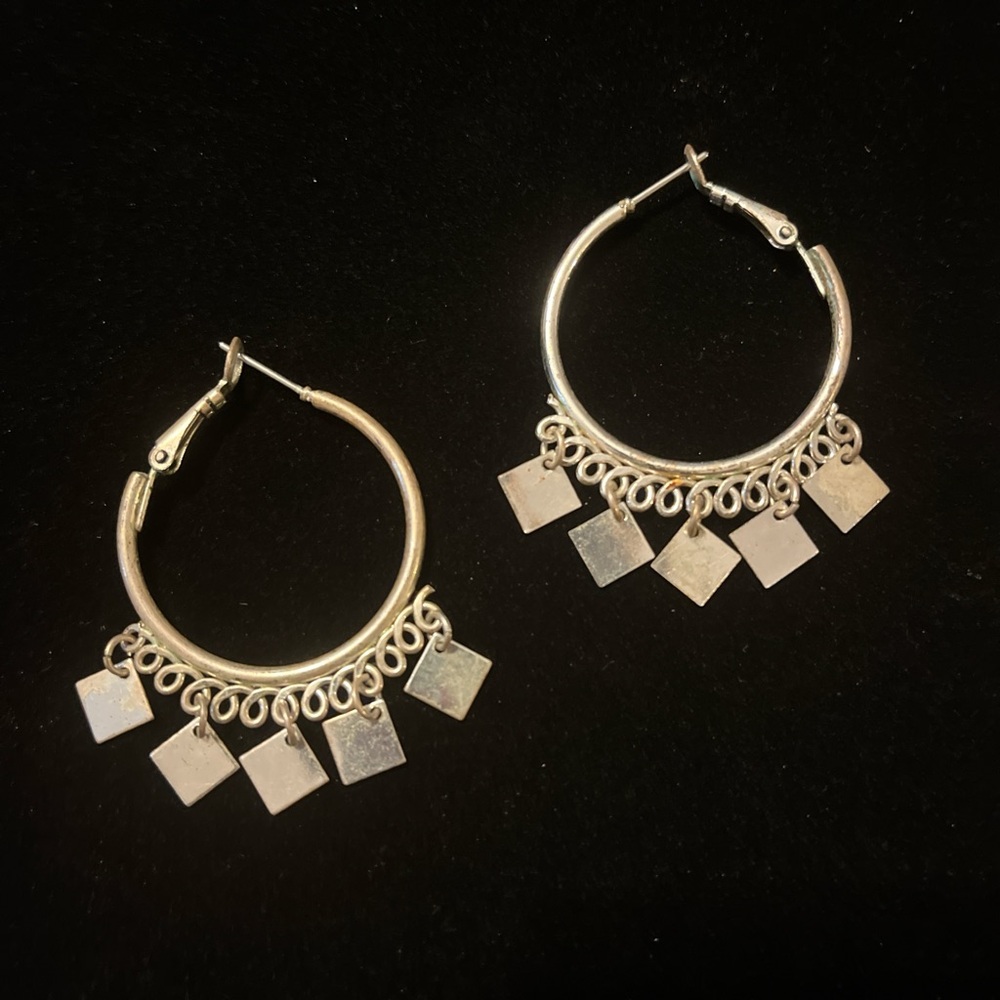 Silver Tone Square Hoops With Dangling Square Cha… - image 4